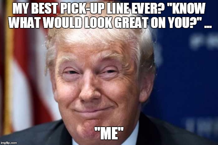 Donald Trump's Best Pick-Up Lines | MY BEST PICK-UP LINE EVER? "KNOW WHAT WOULD LOOK GREAT ON YOU?" ... "ME" | image tagged in donal trump,pick-up lines,pickup lines | made w/ Imgflip meme maker