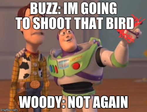 X, X Everywhere | BUZZ: IM GOING TO SHOOT THAT BIRD; WOODY: NOT AGAIN | image tagged in memes,x x everywhere | made w/ Imgflip meme maker