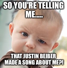 Justin Beiber baby baby baby ohh | SO YOU'RE TELLING ME..... THAT JUSTIN BEIBER MADE A SONG ABOUT ME?! | image tagged in memes,skeptical baby | made w/ Imgflip meme maker