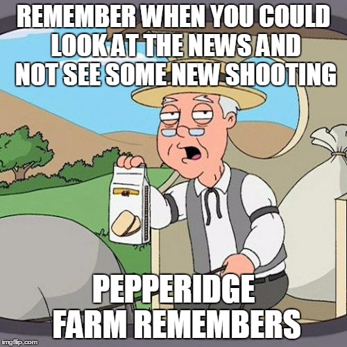 Why are there so many crazies? | REMEMBER WHEN YOU COULD LOOK AT THE NEWS AND NOT SEE SOME NEW SHOOTING; PEPPERIDGE FARM REMEMBERS | image tagged in memes,pepperidge farm remembers,society | made w/ Imgflip meme maker
