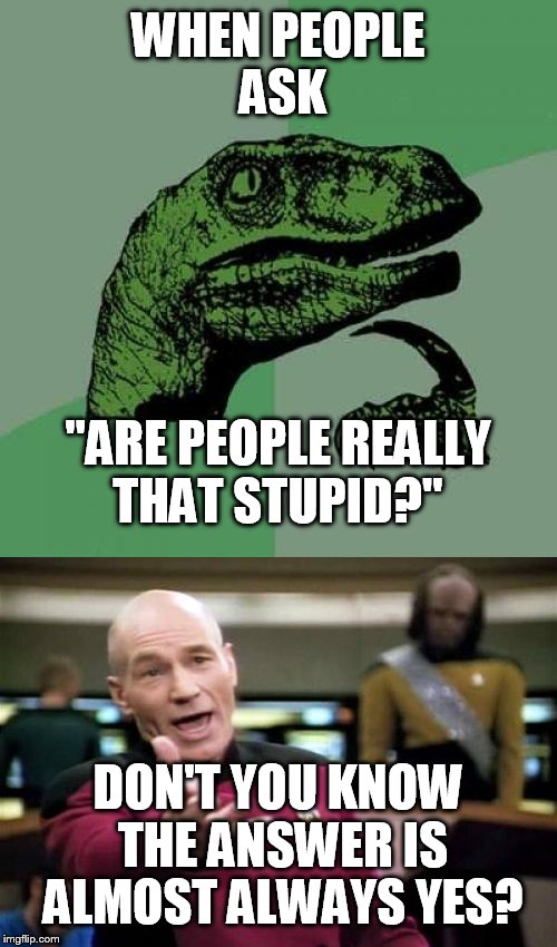 Yes! | WHEN PEOPLE ASK; "ARE PEOPLE REALLY THAT STUPID?"; DON'T YOU KNOW THE ANSWER IS ALMOST ALWAYS YES? | image tagged in philosoraptor,picard wtf,memes,lol,stupid | made w/ Imgflip meme maker