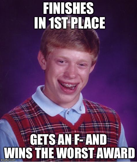 Bad Luck Brian Meme | FINISHES IN 1ST PLACE; GETS AN F- AND WINS THE WORST AWARD | image tagged in memes,bad luck brian | made w/ Imgflip meme maker