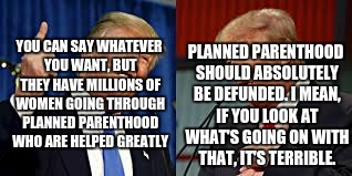 Two Donald Trumps | PLANNED PARENTHOOD SHOULD ABSOLUTELY BE DEFUNDED. I MEAN, IF YOU LOOK AT WHAT'S GOING ON WITH THAT, IT'S TERRIBLE. YOU CAN SAY WHATEVER YOU WANT, BUT THEY HAVE MILLIONS OF WOMEN GOING THROUGH PLANNED PARENTHOOD WHO ARE HELPED GREATLY | image tagged in two donald trumps | made w/ Imgflip meme maker