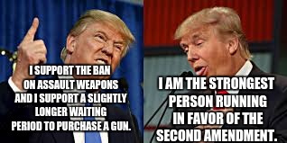 Two Donald Trumps | I AM THE STRONGEST PERSON RUNNING IN FAVOR OF THE SECOND AMENDMENT. I SUPPORT THE BAN ON ASSAULT WEAPONS AND I SUPPORT A SLIGHTLY LONGER WAITING PERIOD TO PURCHASE A GUN. | image tagged in two donald trumps | made w/ Imgflip meme maker