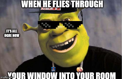 WHEN HE FLIES THROUGH; IT'S ALL OGRE NOW; YOUR WINDOW INTO YOUR ROOM | image tagged in shrek | made w/ Imgflip meme maker