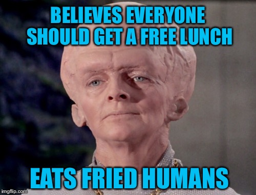 ALIEN LIBERAL | BELIEVES EVERYONE SHOULD GET A FREE LUNCH; EATS FRIED HUMANS | image tagged in aliens | made w/ Imgflip meme maker