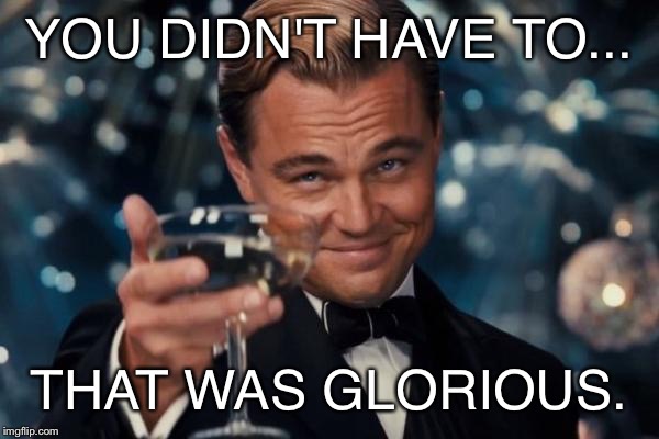 Leonardo Dicaprio Cheers Meme | YOU DIDN'T HAVE TO... THAT WAS GLORIOUS. | image tagged in memes,leonardo dicaprio cheers | made w/ Imgflip meme maker