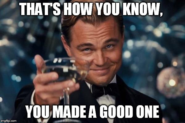 Leonardo Dicaprio Cheers Meme | THAT'S HOW YOU KNOW, YOU MADE A GOOD ONE | image tagged in memes,leonardo dicaprio cheers | made w/ Imgflip meme maker