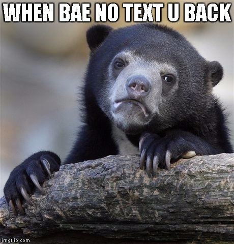 Confession Bear | WHEN BAE NO TEXT U BACK | image tagged in memes,confession bear | made w/ Imgflip meme maker