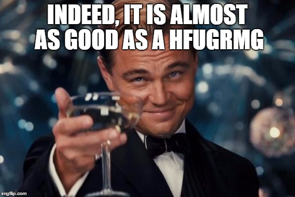 Leonardo Dicaprio Cheers Meme | INDEED, IT IS ALMOST AS GOOD AS A HFUGRMG | image tagged in memes,leonardo dicaprio cheers | made w/ Imgflip meme maker