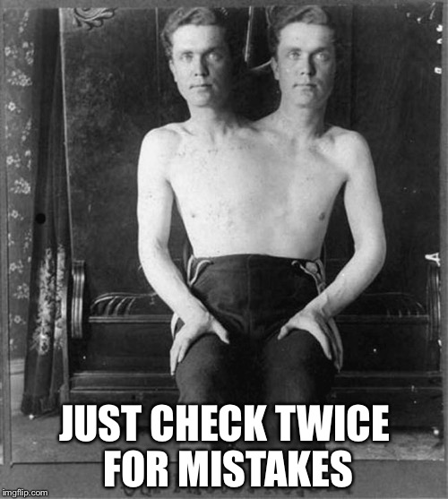 Two headed man | JUST CHECK TWICE FOR MISTAKES | image tagged in two headed man | made w/ Imgflip meme maker