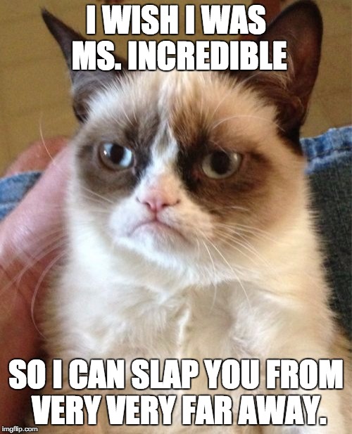 Grumpy Cat | I WISH I WAS MS. INCREDIBLE; SO I CAN SLAP YOU FROM VERY VERY FAR AWAY. | image tagged in memes,grumpy cat | made w/ Imgflip meme maker