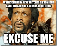 WHEN SOMEBODY JUST SNITCHED ON SOMEONE AND THEN ASK YOU A PERSONAL QUESTION; EXCUSE ME | image tagged in memes | made w/ Imgflip meme maker