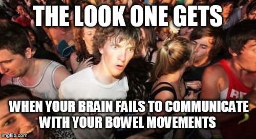 Sudden Clarity Clarence | THE LOOK ONE GETS; WHEN YOUR BRAIN FAILS TO COMMUNICATE WITH YOUR BOWEL MOVEMENTS | image tagged in memes,sudden clarity clarence | made w/ Imgflip meme maker