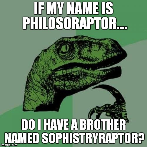 Philosoraptor Meme | IF MY NAME IS PHILOSORAPTOR.... DO I HAVE A BROTHER NAMED SOPHISTRYRAPTOR? | image tagged in memes,philosoraptor | made w/ Imgflip meme maker