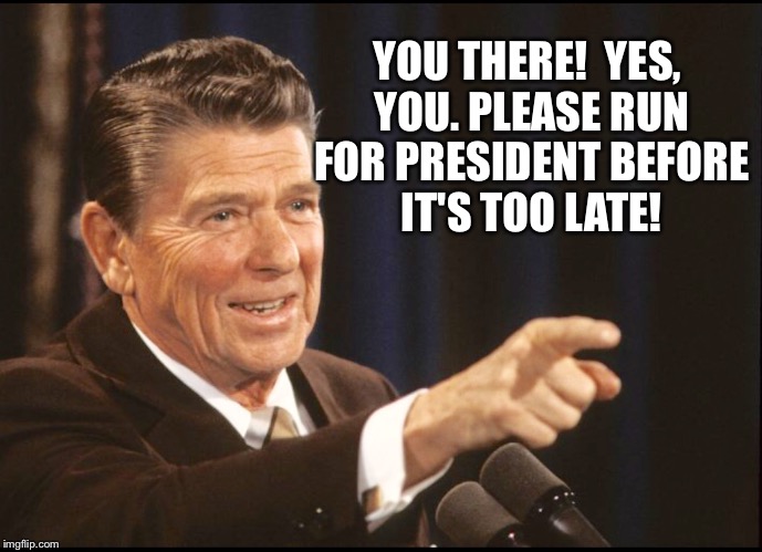 RONALD REAGAN POINTING | YOU THERE!  YES, YOU. PLEASE RUN FOR PRESIDENT BEFORE IT'S TOO LATE! | image tagged in ronald reagan pointing | made w/ Imgflip meme maker