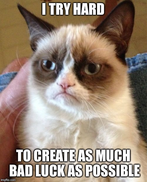 Grumpy Cat Meme | I TRY HARD TO CREATE AS MUCH BAD LUCK AS POSSIBLE | image tagged in memes,grumpy cat | made w/ Imgflip meme maker