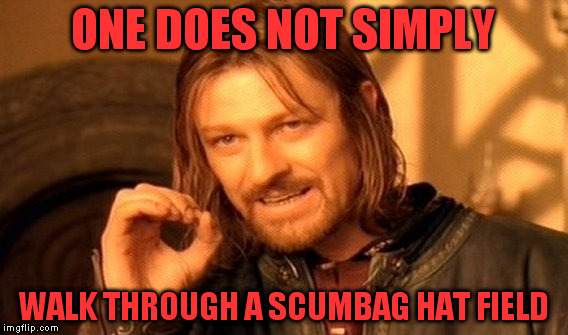 We need to stop these hats, Boromir any ideas? | ONE DOES NOT SIMPLY; WALK THROUGH A SCUMBAG HAT FIELD | image tagged in memes,one does not simply | made w/ Imgflip meme maker