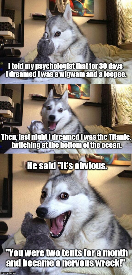 I can't stress this enough | I told my psychologist that for 30 days I dreamed I was a wigwam and a teepee. Then, last night I dreamed I was the Titanic, twitching at the bottom of the ocean. He said "It's obvious. "You were two tents for a month and became a nervous wreck!" | image tagged in memes,bad pun dog,titanic,psychology | made w/ Imgflip meme maker