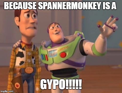 X, X Everywhere Meme | BECAUSE SPANNERMONKEY IS A; GYPO!!!!! | image tagged in memes,x x everywhere | made w/ Imgflip meme maker