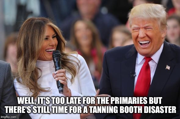 Feel the Burn | WELL, IT'S TOO LATE FOR THE PRIMARIES
BUT THERE'S STILL TIME FOR A TANNING BOOTH DISASTER | image tagged in trump,republican primaries,election 2016,tanning,presidential candidates,feel the bern | made w/ Imgflip meme maker
