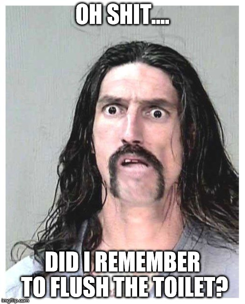 That expression when you remember an hour later that you forgot to flush and everyone has seen what you did | OH SHIT.... DID I REMEMBER TO FLUSH THE TOILET? | image tagged in confused criminal,flush,toilet | made w/ Imgflip meme maker