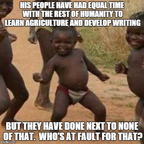 Its certainly not because of colonialism!   | HIS PEOPLE HAVE HAD EQUAL TIME WITH THE REST OF HUMANITY TO LEARN AGRICULTURE AND DEVELOP WRITING; BUT THEY HAVE DONE NEXT TO NONE OF THAT. 
WHO'S AT FAULT FOR THAT? | image tagged in memes,third world success kid | made w/ Imgflip meme maker