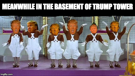Oompa Trumpas! | MEANWHILE IN THE BASEMENT OF TRUMP TOWER | image tagged in donald trump,oompa loompa | made w/ Imgflip meme maker