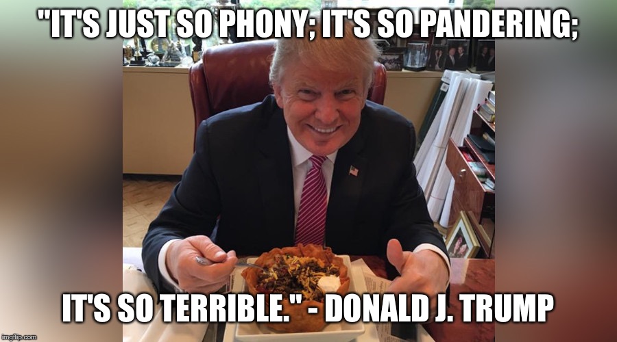 "IT'S JUST SO PHONY; IT'S SO PANDERING;; IT'S SO TERRIBLE." - DONALD J. TRUMP | image tagged in trump,taco bowl | made w/ Imgflip meme maker