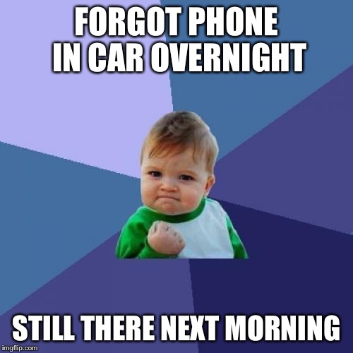 Success Kid Meme | FORGOT PHONE IN CAR OVERNIGHT; STILL THERE NEXT MORNING | image tagged in memes,success kid | made w/ Imgflip meme maker