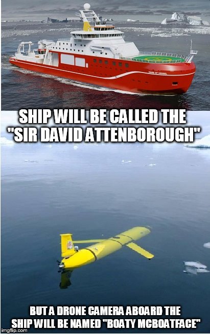 SHIP WILL BE CALLED THE "SIR DAVID ATTENBOROUGH"; BUT A DRONE CAMERA ABOARD THE SHIP WILL BE NAMED "BOATY MCBOATFACE" | image tagged in boaty mcboatface | made w/ Imgflip meme maker