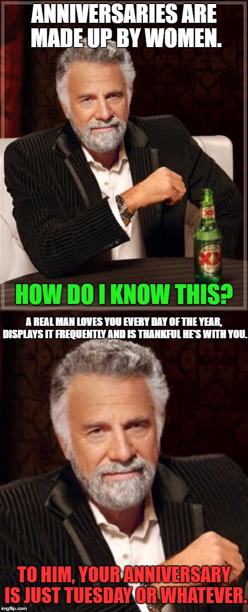 It's a simple concept [men understand] which is why women always win the argument | ANNIVERSARIES ARE MADE UP BY WOMEN. HOW DO I KNOW THIS? A REAL MAN LOVES YOU EVERY DAY OF THE YEAR, DISPLAYS IT FREQUENTLY AND IS THANKFUL HE'S WITH YOU. TO HIM, YOUR ANNIVERSARY IS JUST TUESDAY OR WHATEVER. | image tagged in memes,the most interesting man in the world,men,women,anniversary | made w/ Imgflip meme maker