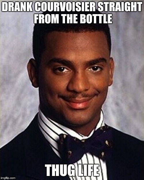 Carlton Banks Thug Life | DRANK COURVOISIER STRAIGHT FROM THE BOTTLE; THUG LIFE | image tagged in carlton banks thug life | made w/ Imgflip meme maker