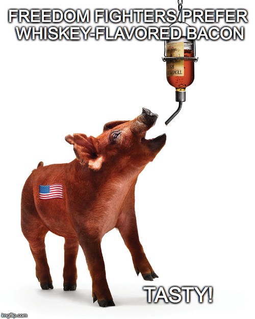 'Merica! | FREEDOM FIGHTERS PREFER WHISKEY-FLAVORED BACON; 🇺🇸; TASTY! | image tagged in freedom fighter,bacon,janey mack,tasty | made w/ Imgflip meme maker