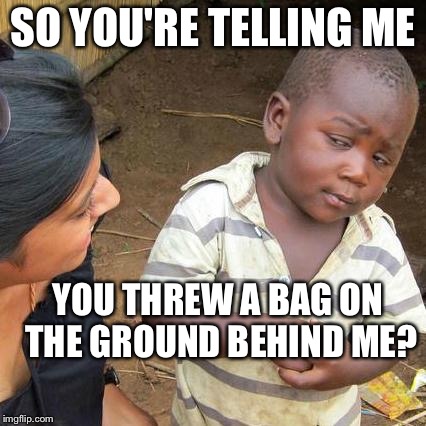 Third World Skeptical Kid Meme | SO YOU'RE TELLING ME; YOU THREW A BAG ON THE GROUND BEHIND ME? | image tagged in memes,third world skeptical kid | made w/ Imgflip meme maker