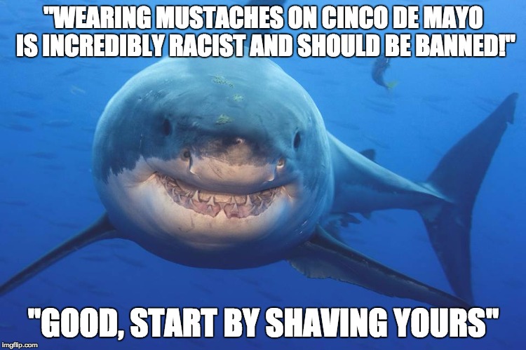 Snark Shark | "WEARING MUSTACHES ON CINCO DE MAYO IS INCREDIBLY RACIST AND SHOULD BE BANNED!"; "GOOD, START BY SHAVING YOURS" | image tagged in snark shark,AdviceAnimals | made w/ Imgflip meme maker