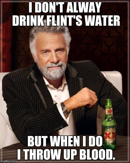 The Most Interesting Man In The World | I DON'T ALWAY DRINK FLINT'S WATER; BUT WHEN I DO I THROW UP BLOOD. | image tagged in memes,the most interesting man in the world | made w/ Imgflip meme maker