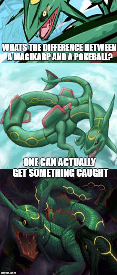 I'm making this a re-captionable template. | WHATS THE DIFFERENCE BETWEEN A MAGIKARP AND A POKEBALL? ONE CAN ACTUALLY GET SOMETHING CAUGHT | image tagged in bad pun rayquaza,meme | made w/ Imgflip meme maker