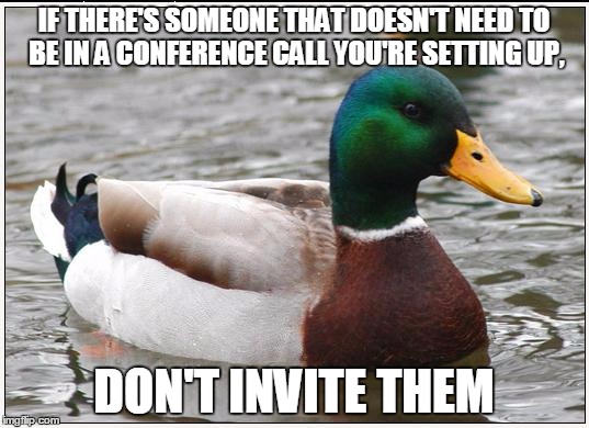 Actual Advice Mallard | IF THERE'S SOMEONE THAT DOESN'T NEED TO BE IN A CONFERENCE CALL YOU'RE SETTING UP, DON'T INVITE THEM | image tagged in memes,actual advice mallard | made w/ Imgflip meme maker