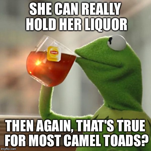 "Hoity Toady" | SHE CAN REALLY HOLD HER LIQUOR; THEN AGAIN, THAT'S TRUE FOR MOST CAMEL TOADS? | image tagged in memes,but thats none of my business,kermit the frog | made w/ Imgflip meme maker