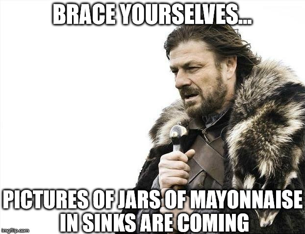 Brace Yourselves X is Coming Meme | BRACE YOURSELVES... PICTURES OF JARS OF MAYONNAISE IN SINKS ARE COMING | image tagged in memes,brace yourselves x is coming | made w/ Imgflip meme maker