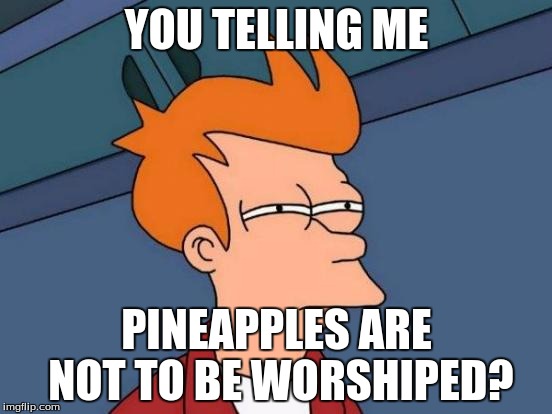 Futurama Fry | YOU TELLING ME; PINEAPPLES ARE NOT TO BE WORSHIPED? | image tagged in memes,futurama fry | made w/ Imgflip meme maker