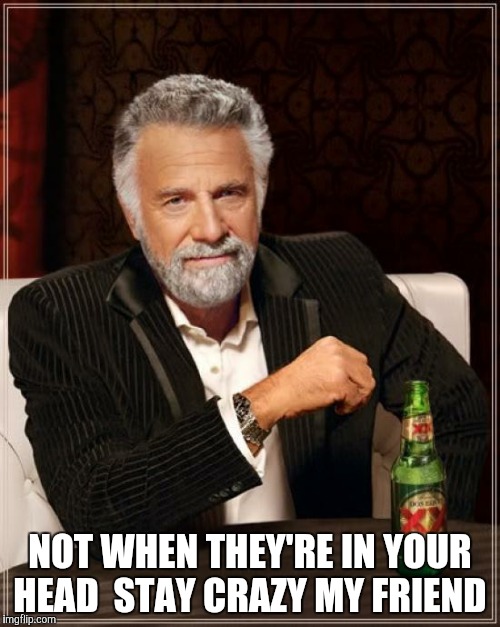 The Most Interesting Man In The World Meme | NOT WHEN THEY'RE IN YOUR HEAD 
STAY CRAZY MY FRIEND | image tagged in memes,the most interesting man in the world | made w/ Imgflip meme maker