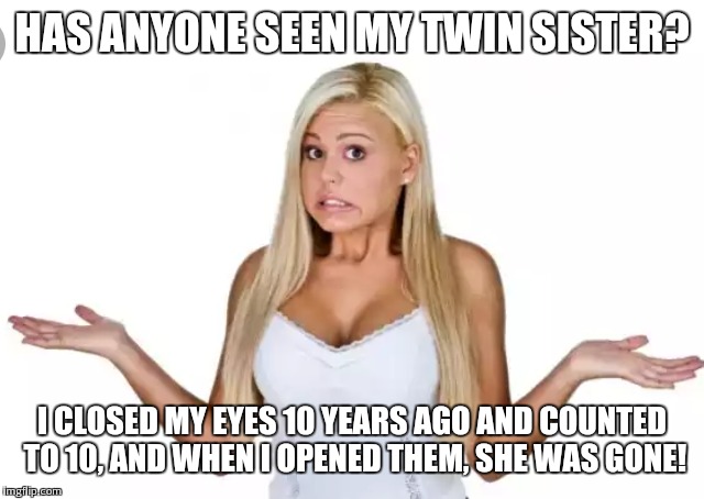 HAS ANYONE SEEN MY TWIN SISTER? I CLOSED MY EYES 10 YEARS AGO AND COUNTED TO 10, AND WHEN I OPENED THEM, SHE WAS GONE! | made w/ Imgflip meme maker