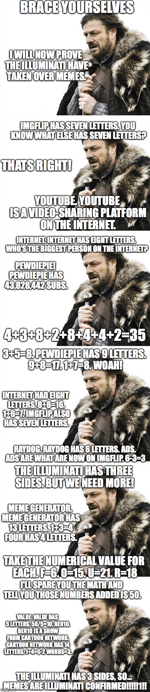 Illuminati is Illuminati is Illuminati is Illuminati is Illuminati Confirmed! | BRACE YOURSELVES; I WILL NOW PROVE THE ILLUMINATI HAVE TAKEN OVER MEMES. IMGFLIP HAS SEVEN LETTERS. YOU KNOW WHAT ELSE HAS SEVEN LETTERS? THATS RIGHT! YOUTUBE. YOUTUBE IS A VIDEO-SHARING PLATFORM ON THE INTERNET. INTERNET. INTERNET HAS EIGHT LETTERS. WHO'S THE BIGGEST PERSON ON THE INTERNET? PEWDIEPIE! PEWDIEPIE HAS 43,828,442 SUBS. 4+3+8+2+8+4+4+2=35; 3+5=8. PEWDIEPIE HAS 9 LETTERS. 9+8=17. 1+7=8. WOAH! INTERNET HAD EIGHT LETTERS. 8+8=16. 1+6=7. IMGFLIP ALSO HAS SEVEN LETTERS. RAYDOG. RAYDOG HAS 6 LETTERS. ADS. ADS ARE WHAT ARE NOW ON IMGFLIP. 6-3=3; THE ILLUMINATI HAS THREE SIDES. BUT WE NEED MORE! MEME GENERATOR. MEME GENERATOR HAS 13 LETTERS. 1+3=4 FOUR HAS 4 LETTERS. TAKE THE NUMERICAL VALUE FOR EACH. F=6. O=15. U=21. R=18; I'LL SPARE YOU THE MATH AND TELL YOU THOSE NUMBERS ADDED IS 50. VALUE. VALUE HAS 5 LETTERS. 50/5=10. BEN10. BEN10 IS A SHOW FROM CARTOON NETWORK. CARTOON NETWORK HAS 14 LETTERS. 1+4=5-2 WORDS=3. THE ILLUMINATI HAS 3 SIDES, SO... MEMES ARE ILLUMINATI CONFIRMED!!!!!1!! | image tagged in unbelievable,illuminati,confirmed | made w/ Imgflip meme maker