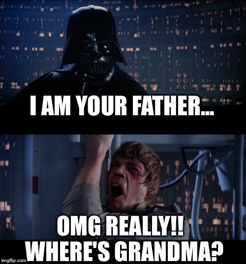 Star Wars No Meme | I AM YOUR FATHER... OMG REALLY!!  WHERE'S GRANDMA? | image tagged in memes,star wars no | made w/ Imgflip meme maker