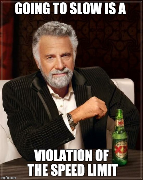 The Most Interesting Man In The World Meme | GOING TO SLOW IS A; VIOLATION OF THE SPEED LIMIT | image tagged in memes,the most interesting man in the world | made w/ Imgflip meme maker