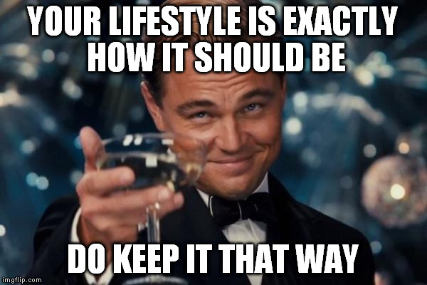Leonardo Dicaprio Cheers Meme | YOUR LIFESTYLE IS EXACTLY HOW IT SHOULD BE DO KEEP IT THAT WAY | image tagged in memes,leonardo dicaprio cheers | made w/ Imgflip meme maker