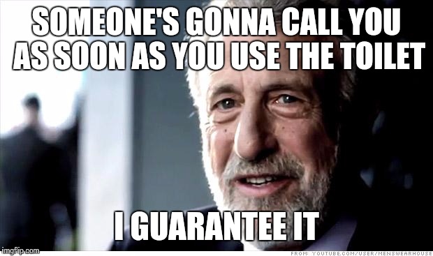 I Guarantee It Meme | SOMEONE'S GONNA CALL YOU AS SOON AS YOU USE THE TOILET; I GUARANTEE IT | image tagged in memes,i guarantee it | made w/ Imgflip meme maker