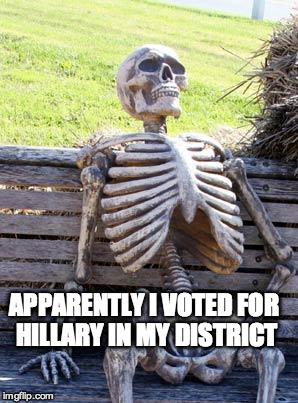Waiting Skeleton Meme | APPARENTLY I VOTED FOR HILLARY IN MY DISTRICT | image tagged in memes,waiting skeleton | made w/ Imgflip meme maker